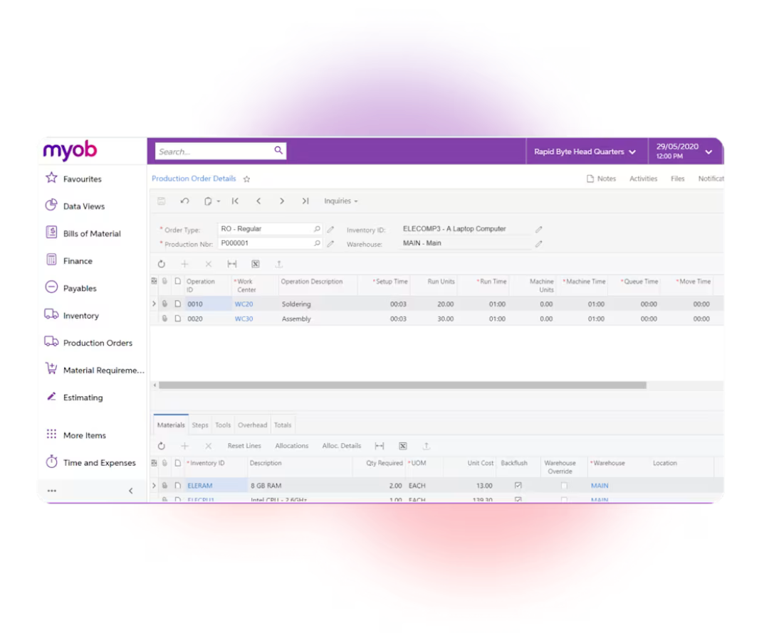 MYOB Manfuacturing Example 3