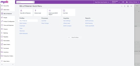 Bill of Materials  menu